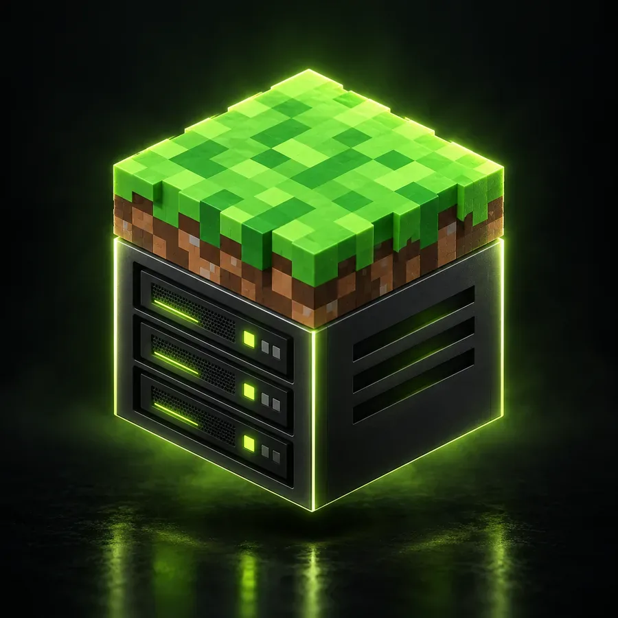 A floating server rack fused with a grass block, glowing green